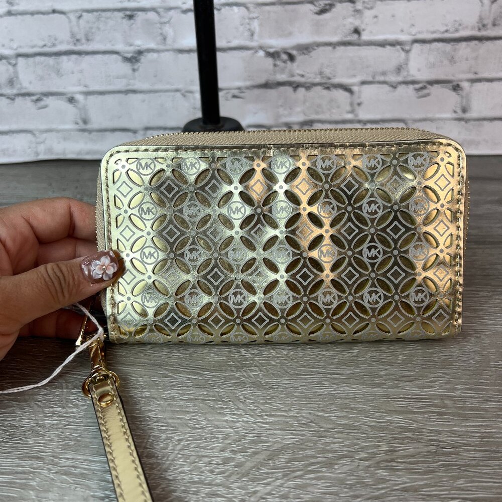 Michael Kors gold flower wallet perforated leather zip around continental wallet